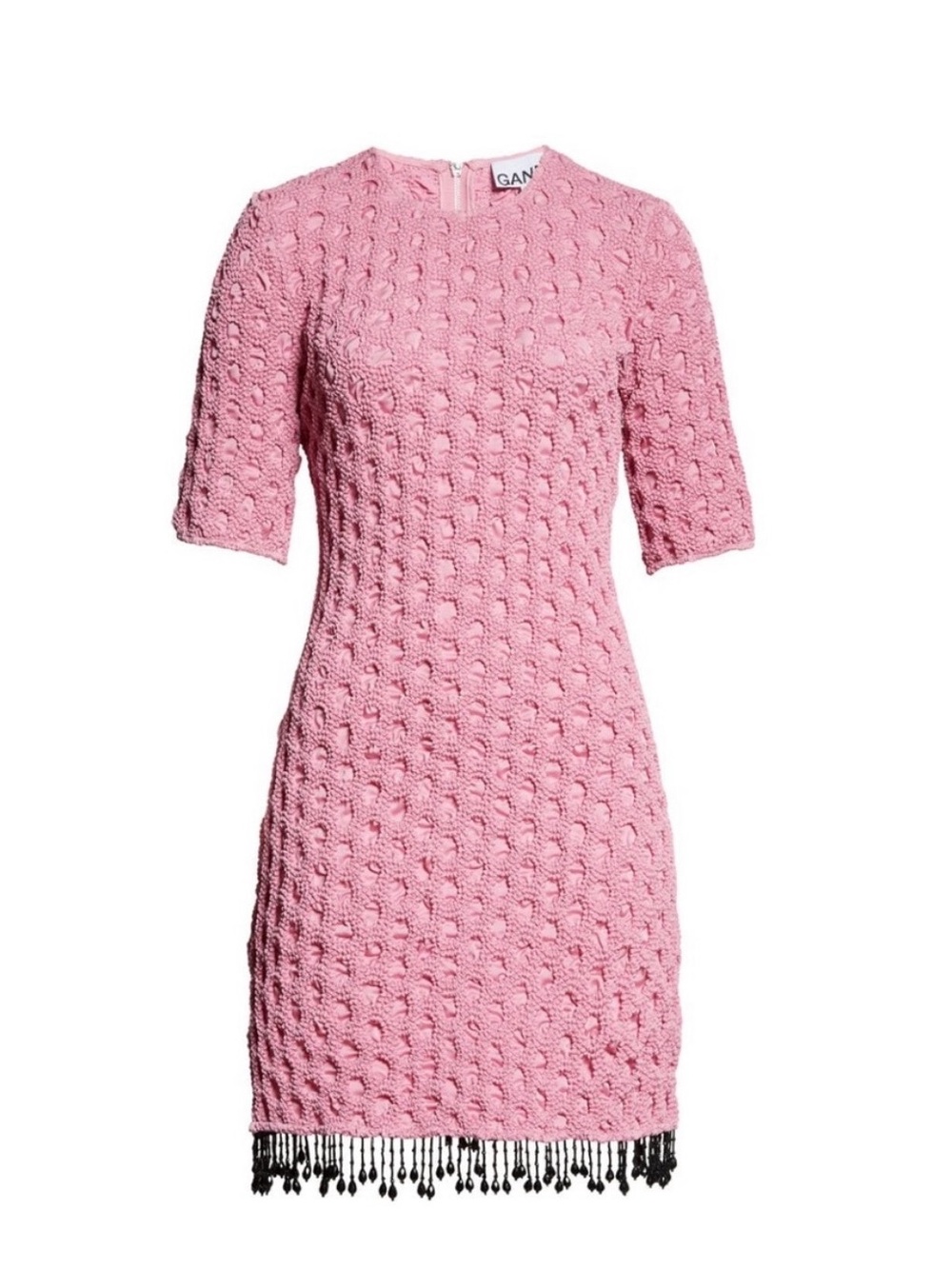 Ganni Pink Textured Knit Mini Dress with Black Fringe